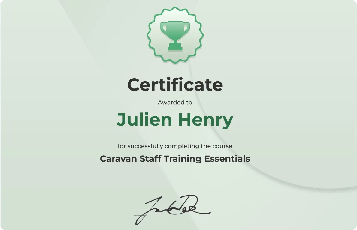 Kahoot completion certificate awarded to Julien Henry for the Caravan Staff Training Essentials course