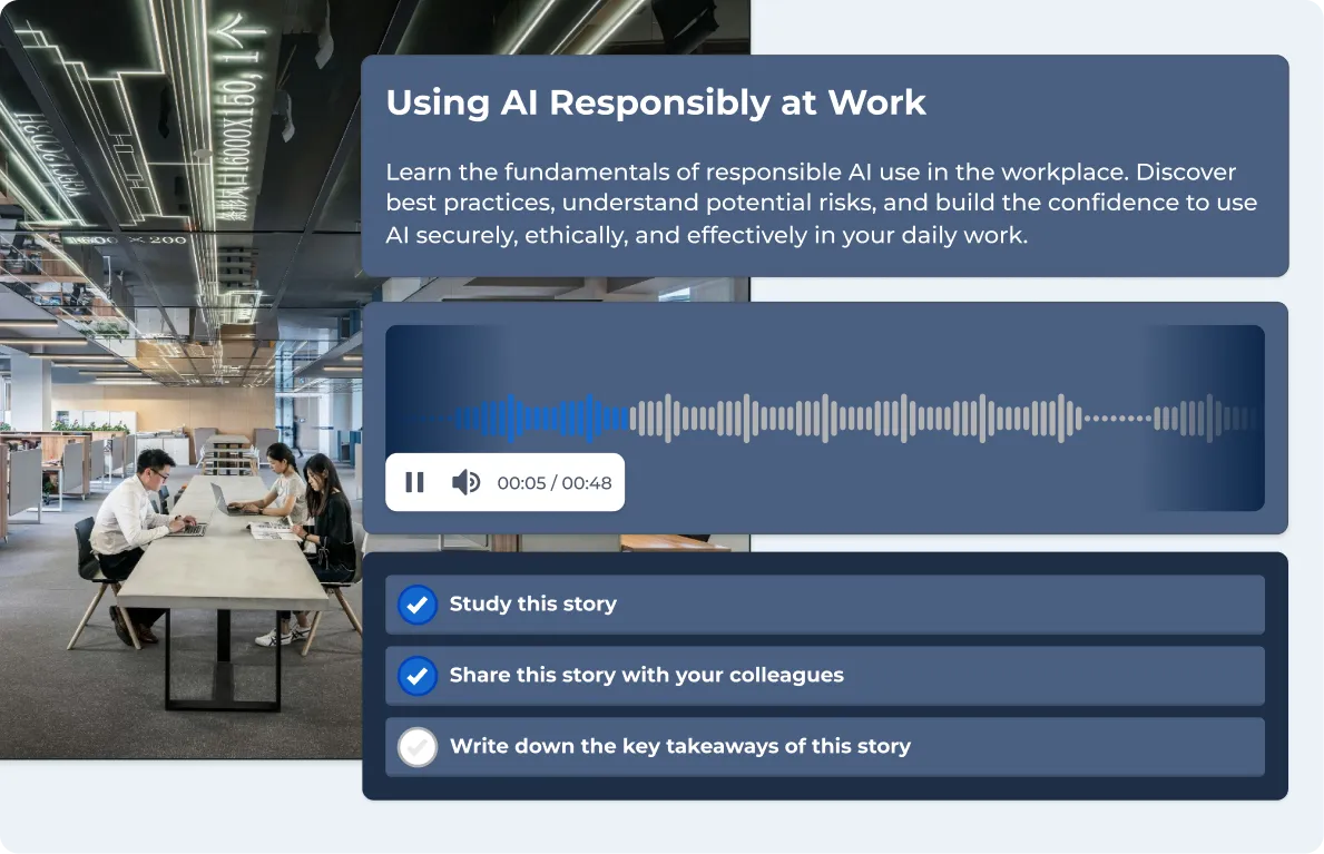Kahoot microlearning story card for "Using AI Responsibly at Work" with an audio player and task checklist