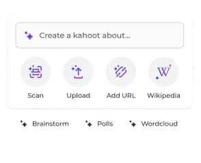 Kahoot AI creation prompt with options to scan, upload, add a URL, or generate from Wikipedia