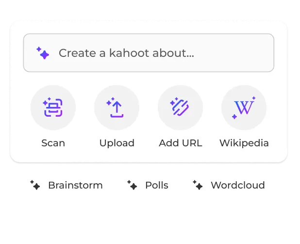 Kahoot AI creation prompt with options to scan, upload, add a URL, or generate from Wikipedia