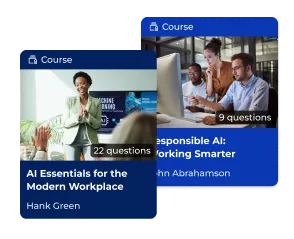 Two Kahoot course cards — "AI Essentials for the Modern Workplace" and "Responsible AI: Working Smarter"