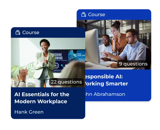 Two Kahoot course cards — "AI Essentials for the Modern Workplace" and "Responsible AI: Working Smarter"