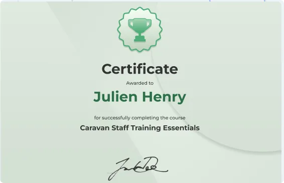 Kahoot completion certificate awarded to Julien Henry for the Caravan Staff Training Essentials course