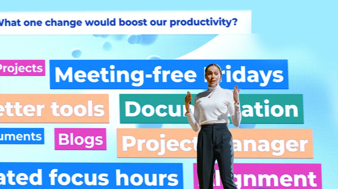 Presenter standing in front of a Kahoot word cloud displaying employee responses to a workplace productivity survey