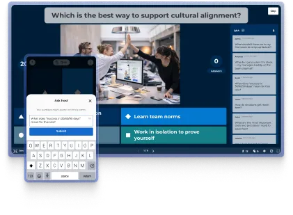 A digital illustration of a split-screen interface for a professional training session. The main background shows a live quiz question, "Which is the best way to support cultural alignment?", accompanied by an image of three colleagues high-fiving in a modern office. On the right, a "Q&A" panel displays several participant questions. Overlaid on the left is a smartphone view showing an "Ask host" pop-up window with a keyboard, where a user is typing a question about success metrics.