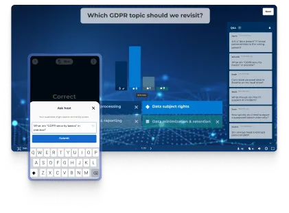 A digital illustration of a split-screen interface for a professional training session. The main background shows a live quiz question, "Which is the best way to support cultural alignment?", accompanied by an image of three colleagues high-fiving in a modern office. On the right, a "Q&A" panel displays several participant questions. Overlaid on the left is a smartphone view showing an "Ask host" pop-up window with a keyboard, where a user is typing a question about success metrics.