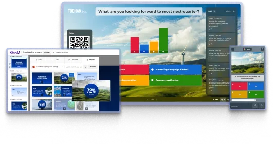 A digital collage showcasing a professional Kahoot! presentation focused on corporate strategy. The main background screen features the question, "What are you looking forward to most next quarter?" against an image of wind turbines in a green field, with a bar chart showing live poll results and a "Q&A" panel on the right. In the foreground, a laptop displays the content creator interface with various presentation slides about "Transitioning to green energy," and a smartphone on the right shows a participant's view of a specific question about revenue.