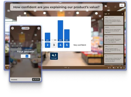 A digital illustration of a split-screen interface for a professional training session. The main background shows a live quiz question, "Which is the best way to support cultural alignment?", accompanied by an image of three colleagues high-fiving in a modern office. On the right, a "Q&A" panel displays several participant questions. Overlaid on the left is a smartphone view showing an "Ask host" pop-up window with a keyboard, where a user is typing a question about success metrics.