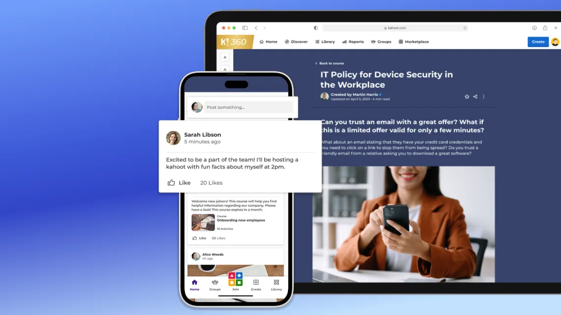 Kahoot 360 platform on phone and laptop showing employee onboarding social feed and an IT device security training course