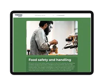 Tablet screen showing a course editor for "Food safety and handling" with an image of a barista preparing coffee.