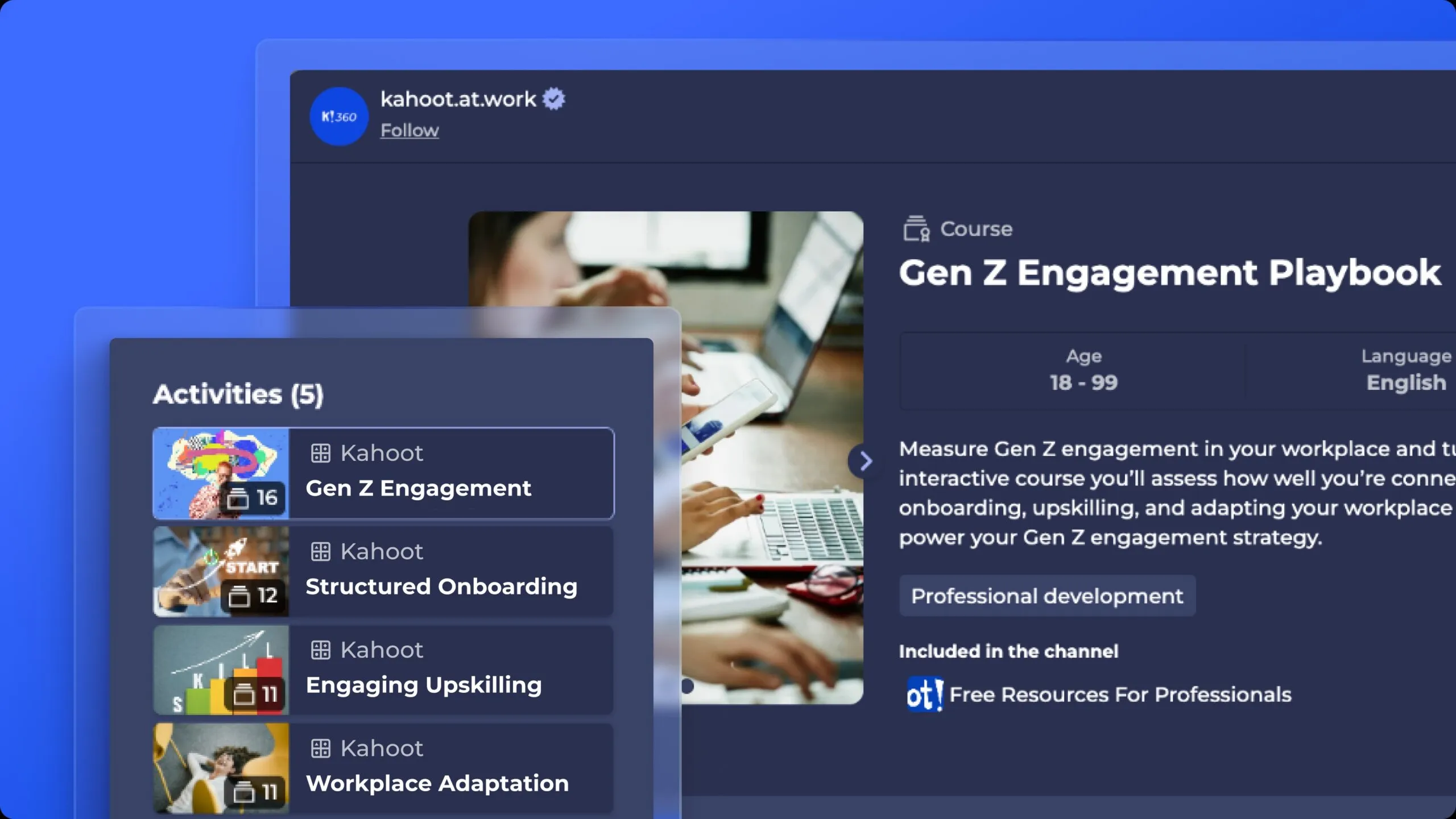 A screenshot of the Kahoot! platform showing a Kahoot! course entitled "Gen Z Engagement Playbook".