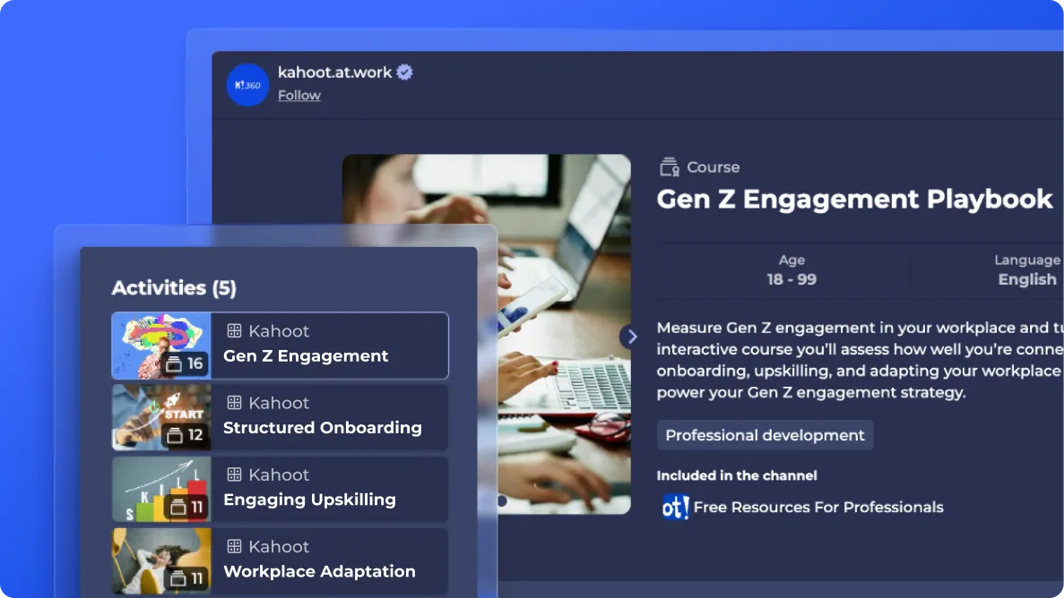 A digital collage on a dark blue background displays information for a "Gen Z Engagement Playbook" course by "kahoot.at.work". The main interface shows the course is designed for ages 18-99 in English and is focused on "Professional development". Overlaid on the left is a list of "Activities (5)," including kahoots for "Gen Z Engagement," "Structured Onboarding," "Engaging Upskilling," and "Workplace Adaptation". Each activity is represented by a small thumbnail image and a number indicating the number of questions. A footer indicates the course includes "Free Resources For Professionals".
