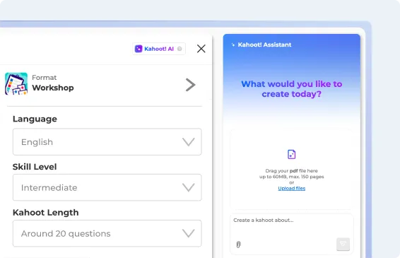 Kahoot! AI assistant panel with settings for format, language, skill level, and kahoot length
