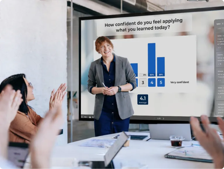 Trainer presenting Kahoot confidence poll results on a large screen to applauding colleagues in a meeting room