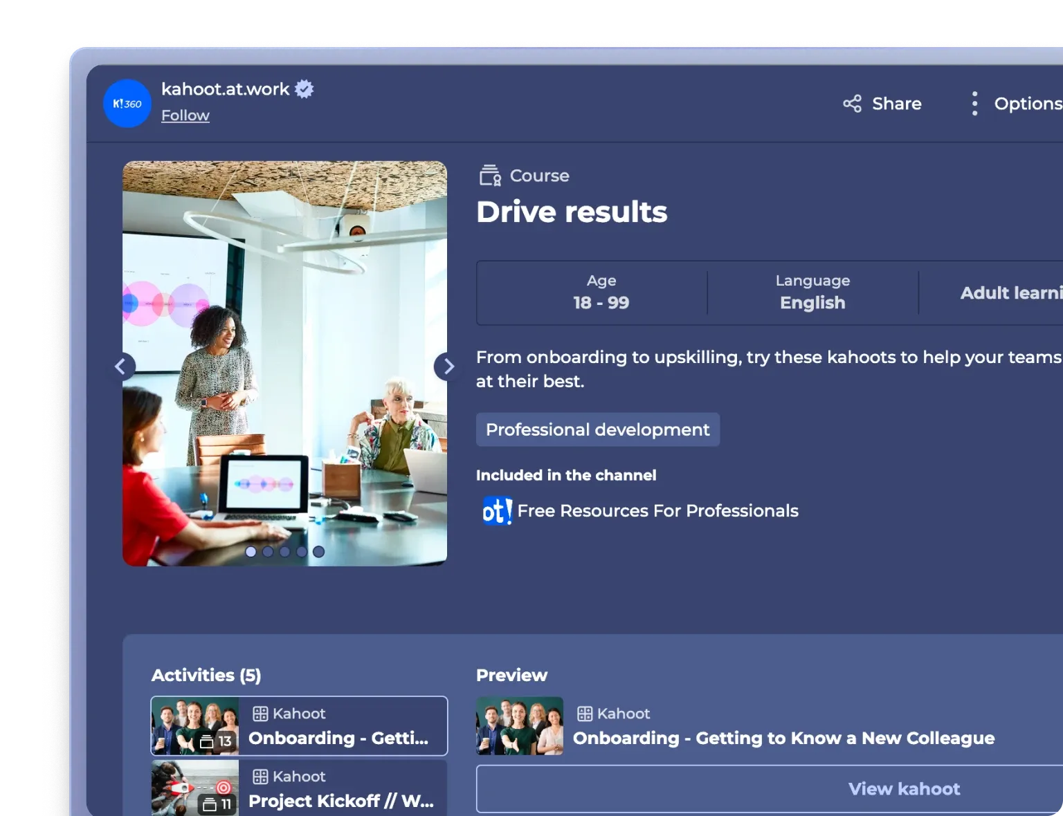 Kahoot 360 course detail page for "Drive results" showing activities, preview, and channel information
