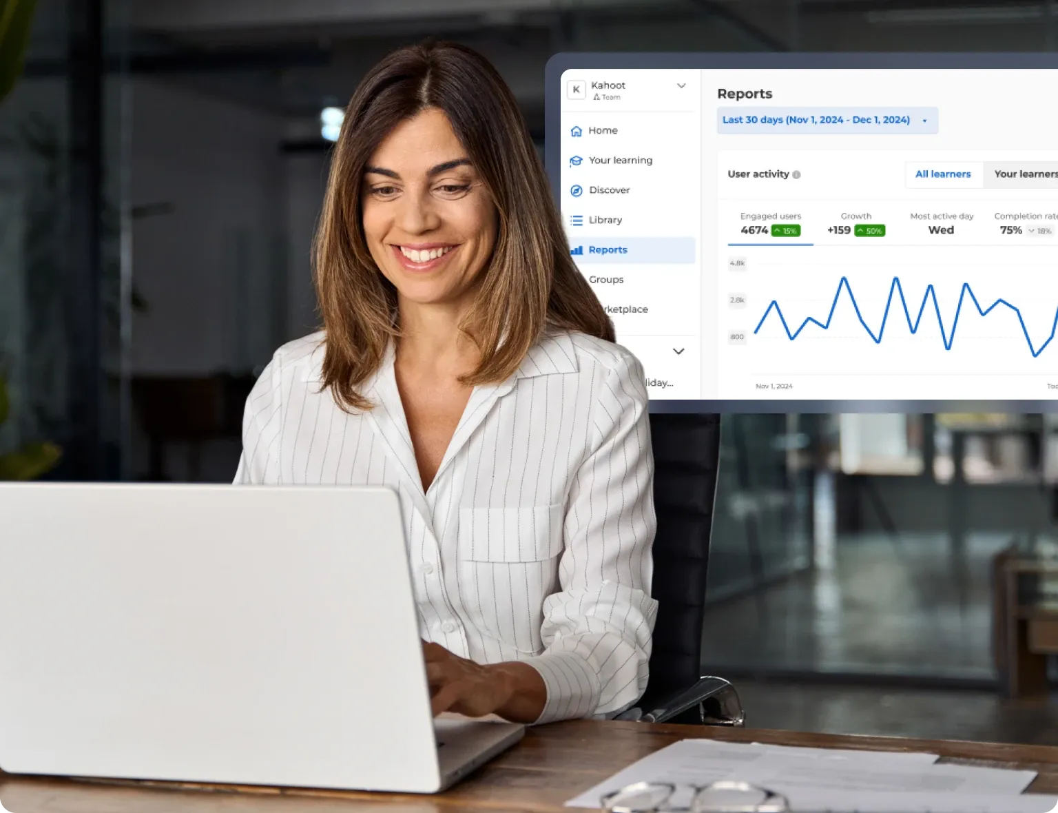 Woman at a laptop with a Kahoot 360 Reports dashboard overlay showing 30-day user activity and engagement metrics