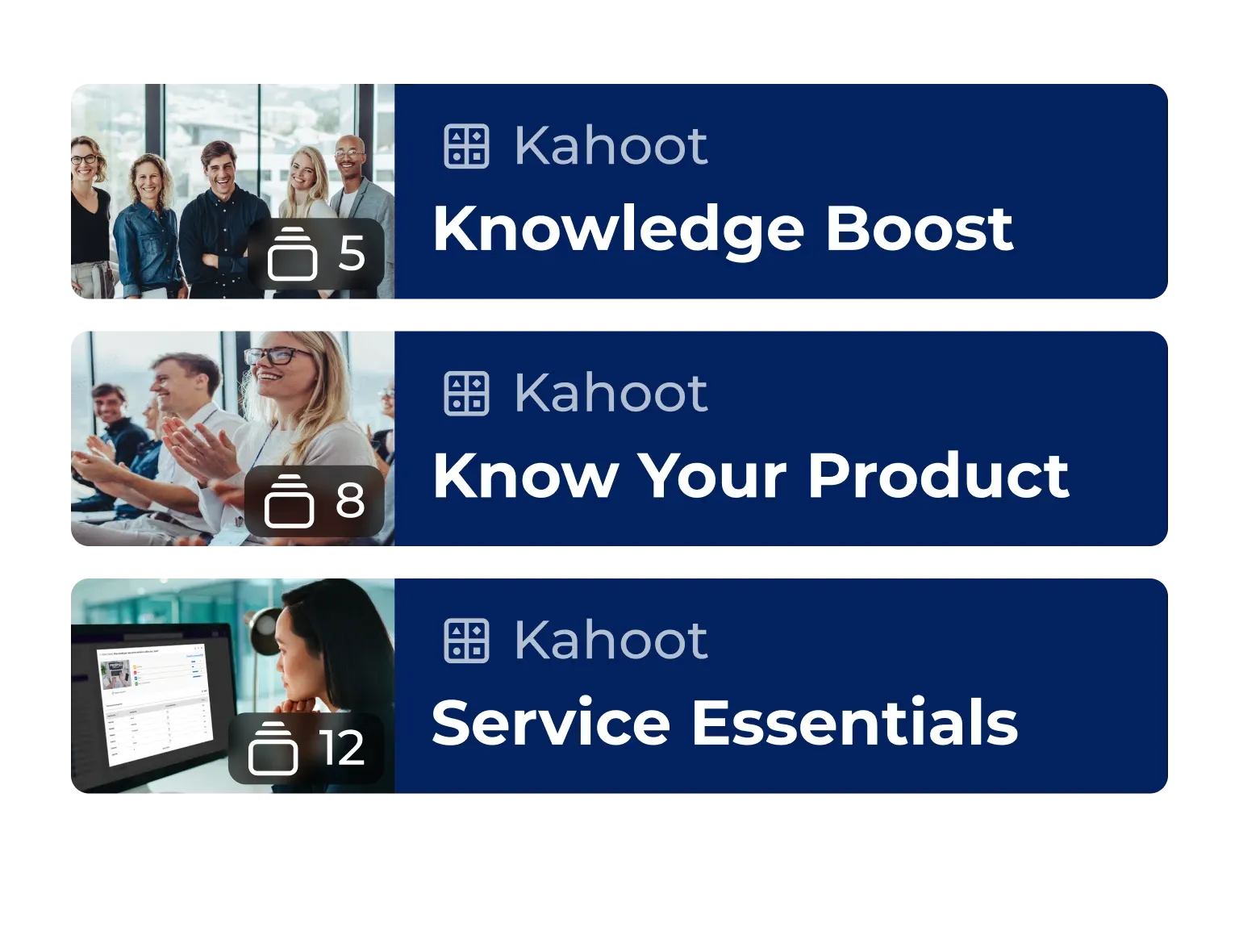 Three Kahoot content cards listing Knowledge Boost, Know Your Product, and Service Essentials