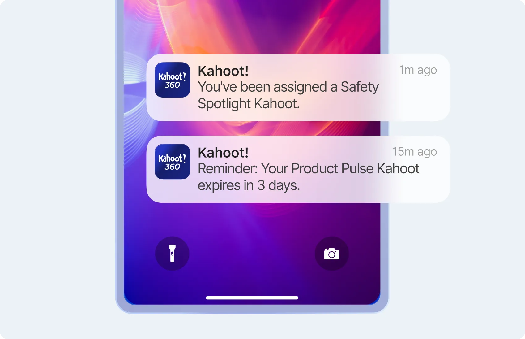 Mobile lock screen showing two Kahoot 360 notifications — a new Safety Spotlight assignment and a Product Pulse expiry reminder