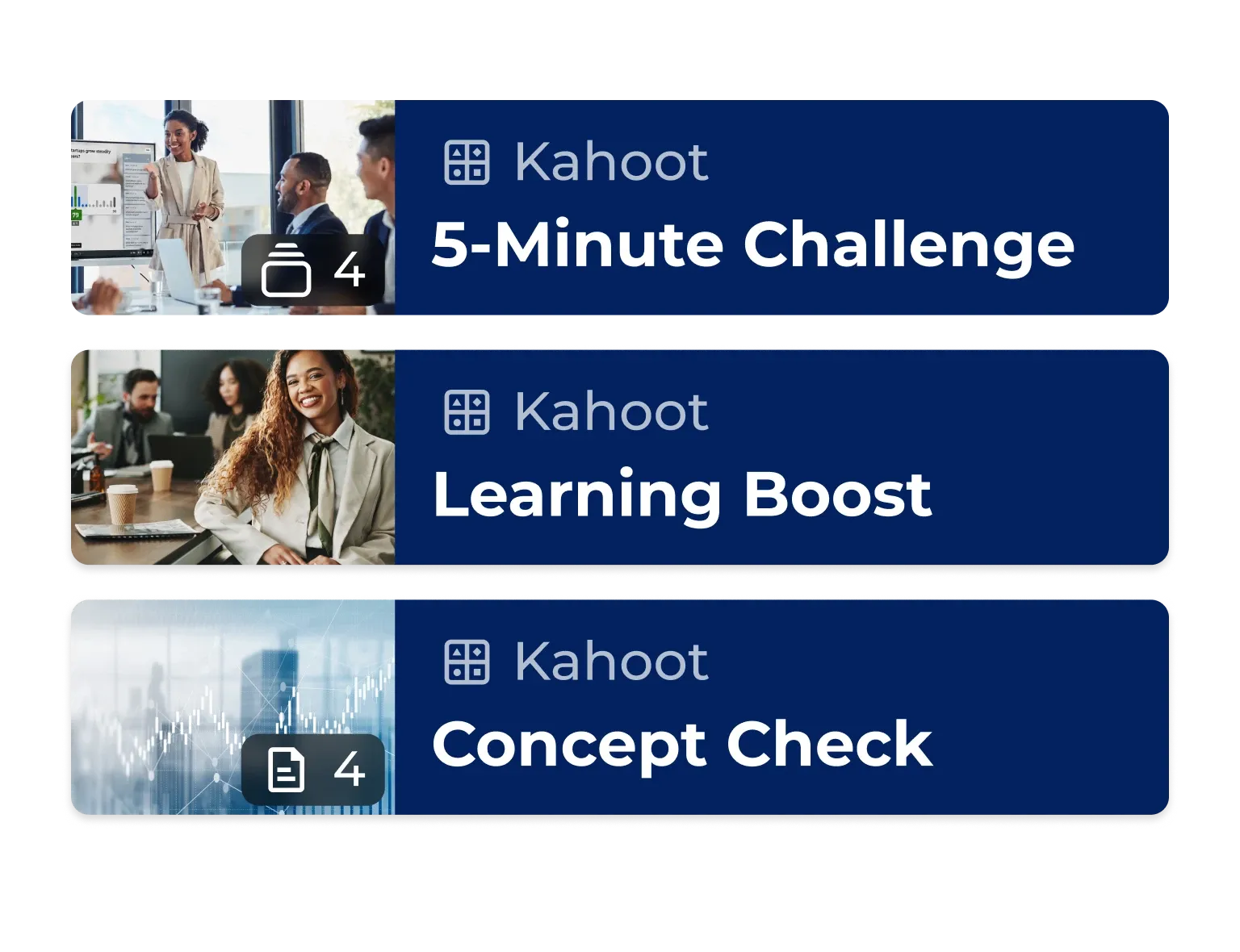 Three Kahoot content cards listing a 5-Minute Challenge, Learning Boost, and Concept Check