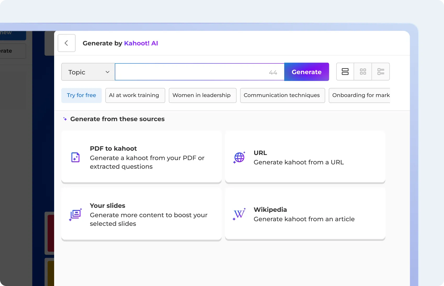 Kahoot! AI interface showing a topic input field with suggested topics and source options including PDF, URL, slides, and Wikipedia