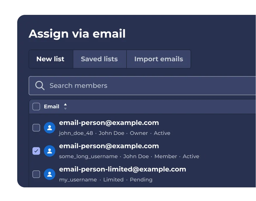 Kahoot "Assign via email" panel showing a searchable member list with checkboxes to select recipients