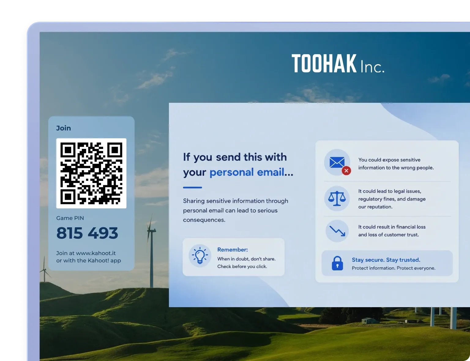 Kahoot presentation slide outlining the risks of sharing sensitive information via personal email, with a QR code join panel