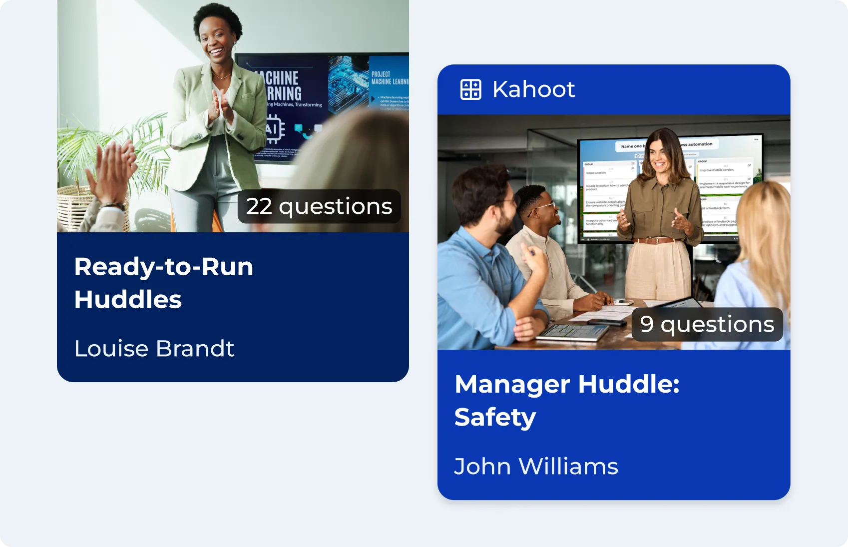 Two Kahoot content cards — "Ready-to-Run Huddles" with 22 questions and "Manager Huddle: Safety" with 9 questions
