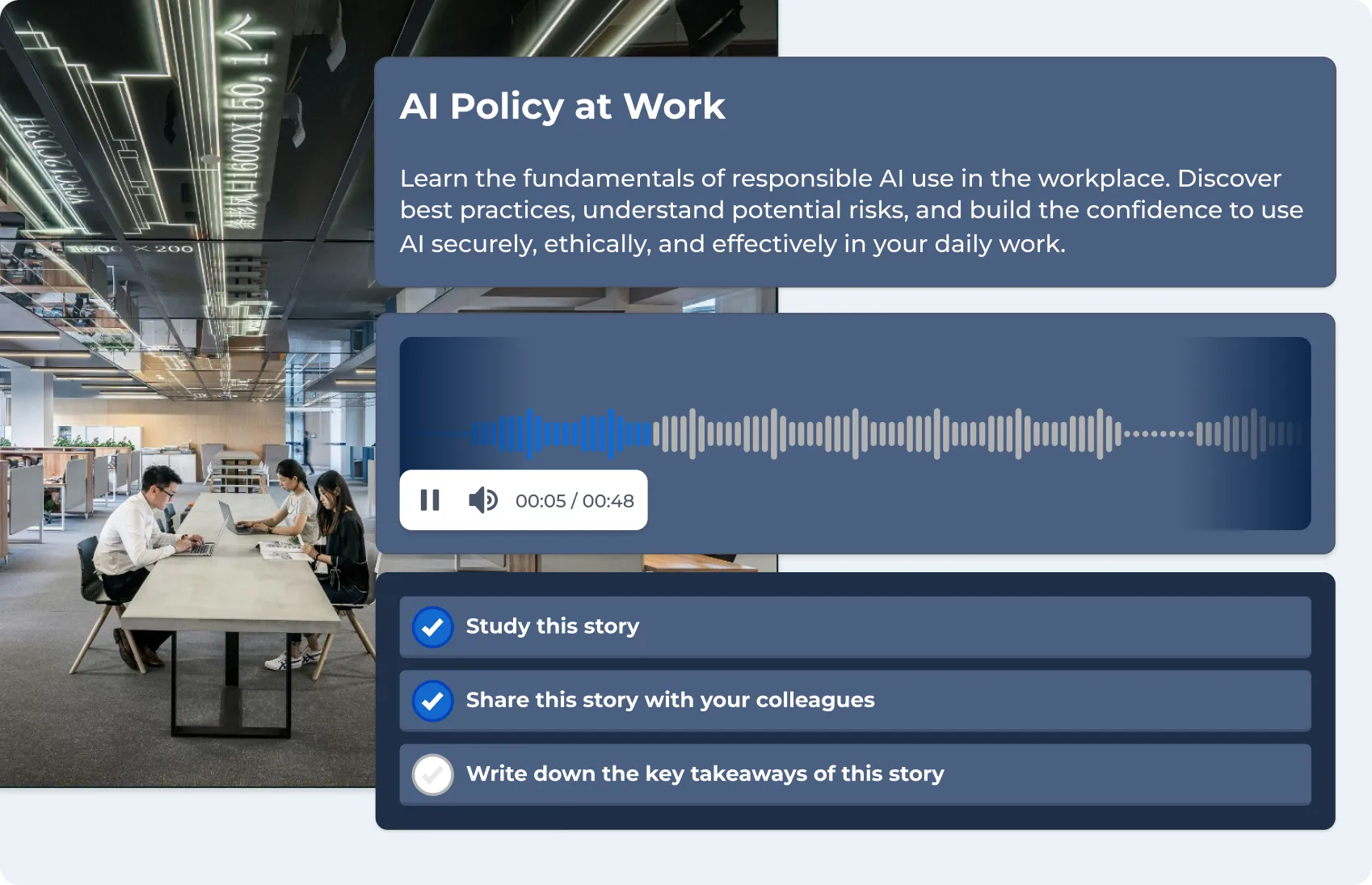 Kahoot microlearning story card for "AI Policy at Work" with an audio player and task checklist