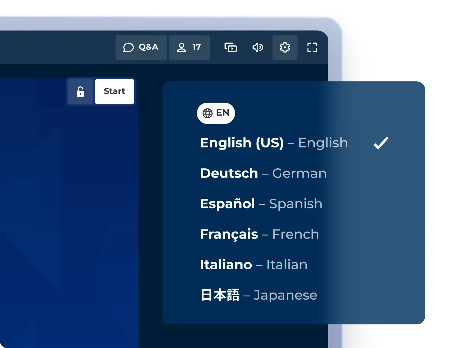 Kahoot host interface showing a language selector with options including English, German, Spanish, French, Italian, and Japanese