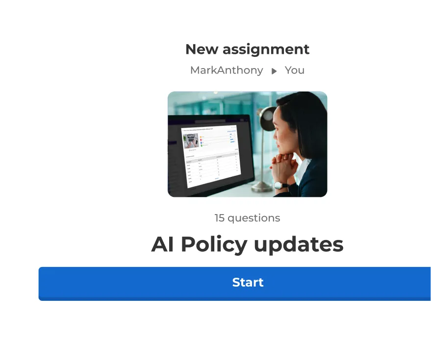 Kahoot new assignment screen showing a 15-question "AI Policy updates" kahoot assigned from MarkAnthony with a Start button