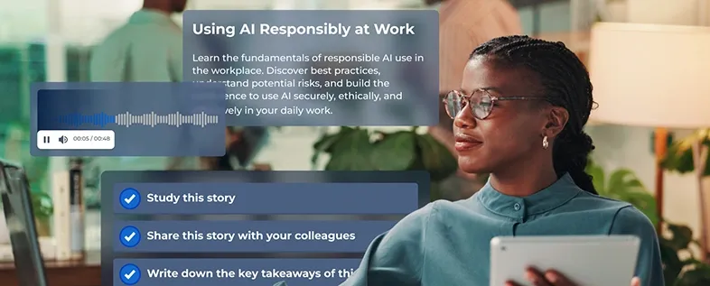Woman with a tablet alongside a Kahoot microlearning card for "Using AI Responsibly at Work" with an audio player and task checklist