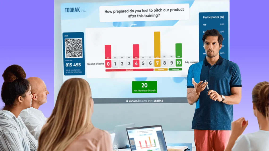 Trainer presenting Kahoot Net Promoter Score survey results on a screen to engaged employees during a product training session