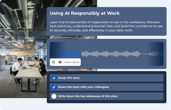Kahoot microlearning story card for "Using AI Responsibly at Work" with an audio player and task checklist
