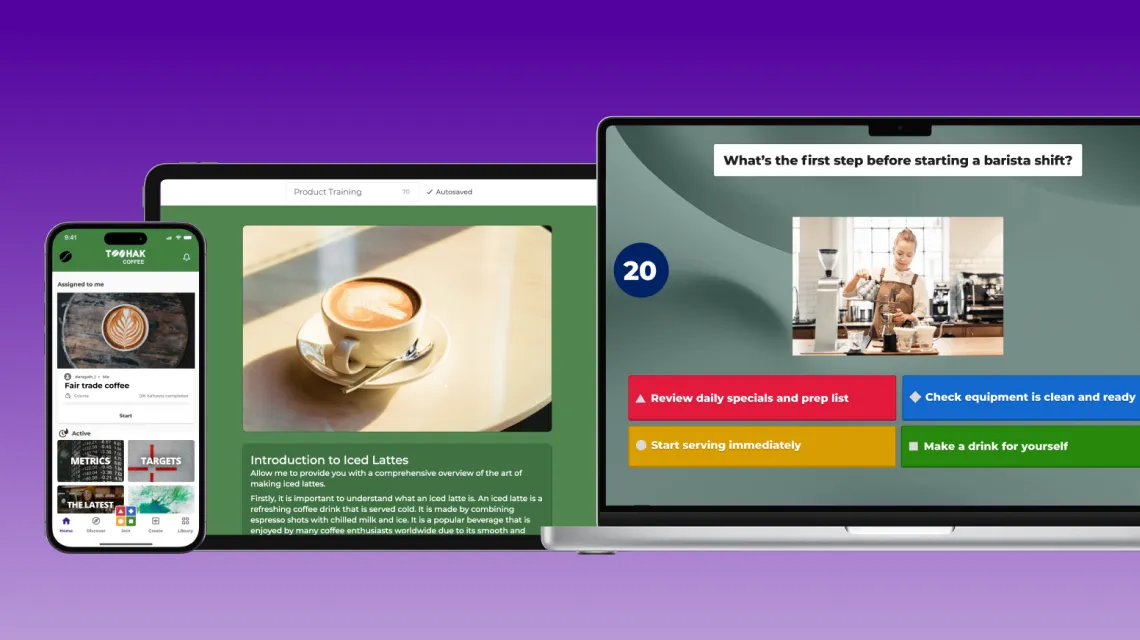 Kahoot product training course on phone and tablet alongside a barista quiz question displayed on a laptop screen