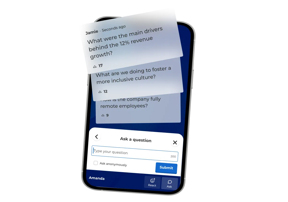 A mobile phone screen showing a "live Q&A" interface where users can ask questions. Multiple submitted question cards are stacked at the top, including one from Jamie asking about drivers for "12% revenue growth.