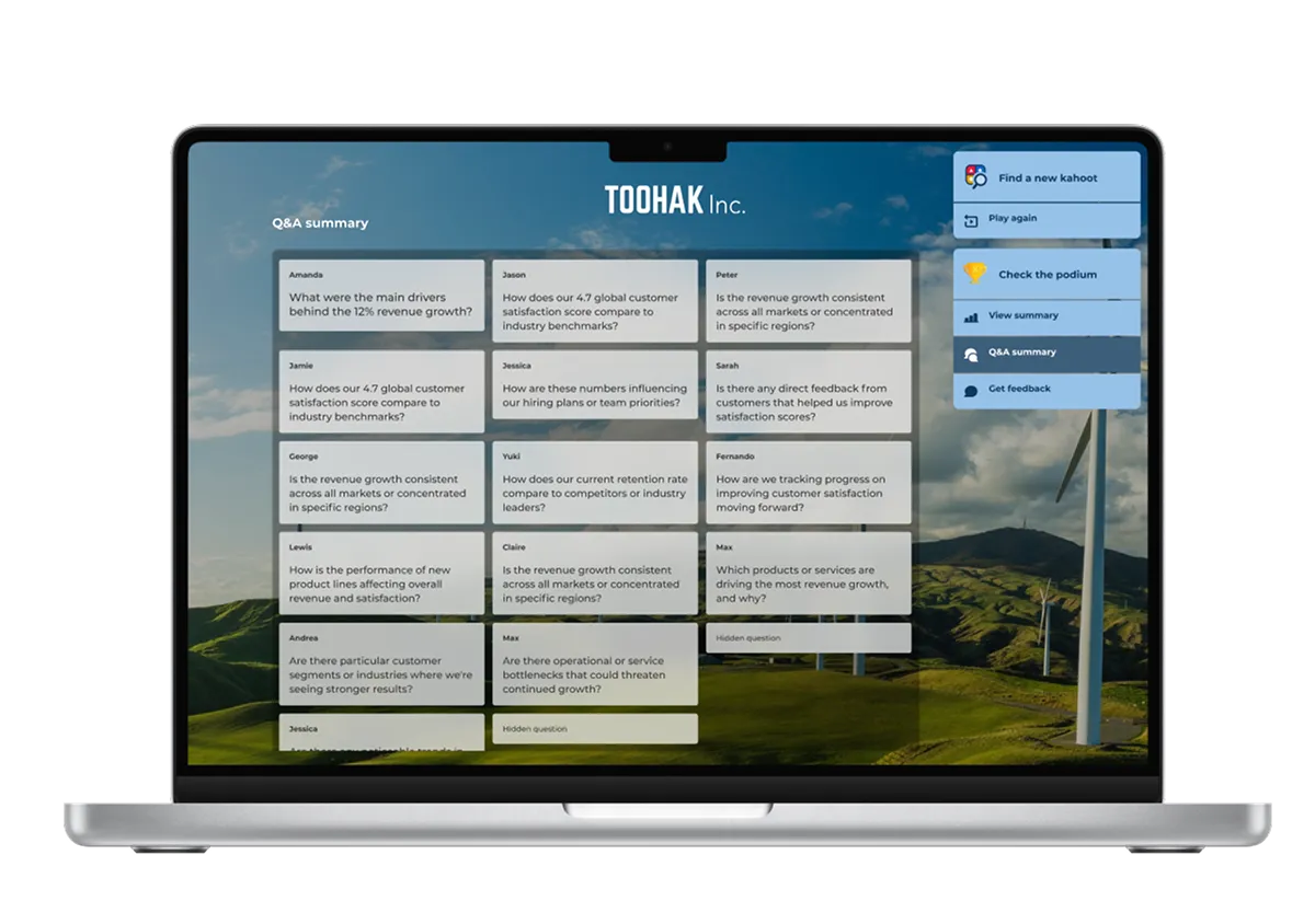 A laptop screen displaying a "Q&A summary" for TOOHAK Inc. featuring a grid of participant questions about revenue growth and customer satisfaction, set against a background of green hills and wind turbines.