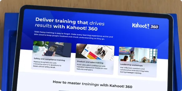 A digital tablet is shown resting on a bright blue tray, displaying the cover page of a business document titled "2026 Kahoot! Gen Z Report: Singapore Edition". Below the main title is the subtitle, "Transition, Tension, and Talent Retention". The top half of the screen features a photograph of a diverse group of four professionals gathered around a laptop in a modern office, while the upper-left corner shows a smaller inset of a Kahoot! quiz interface with a QR code. A silver pen is partially visible on the blue surface at the bottom of the frame.