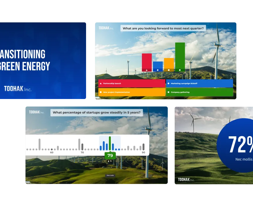 Four Toohak Inc. branded Kahoot slides showing a presentation title, a poll, a slider question, and a stat reveal