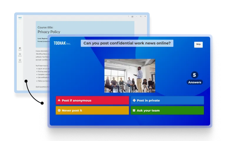 Kahoot quiz embedded in an LMS course on privacy policy, showing a multiple-choice question for employee training
