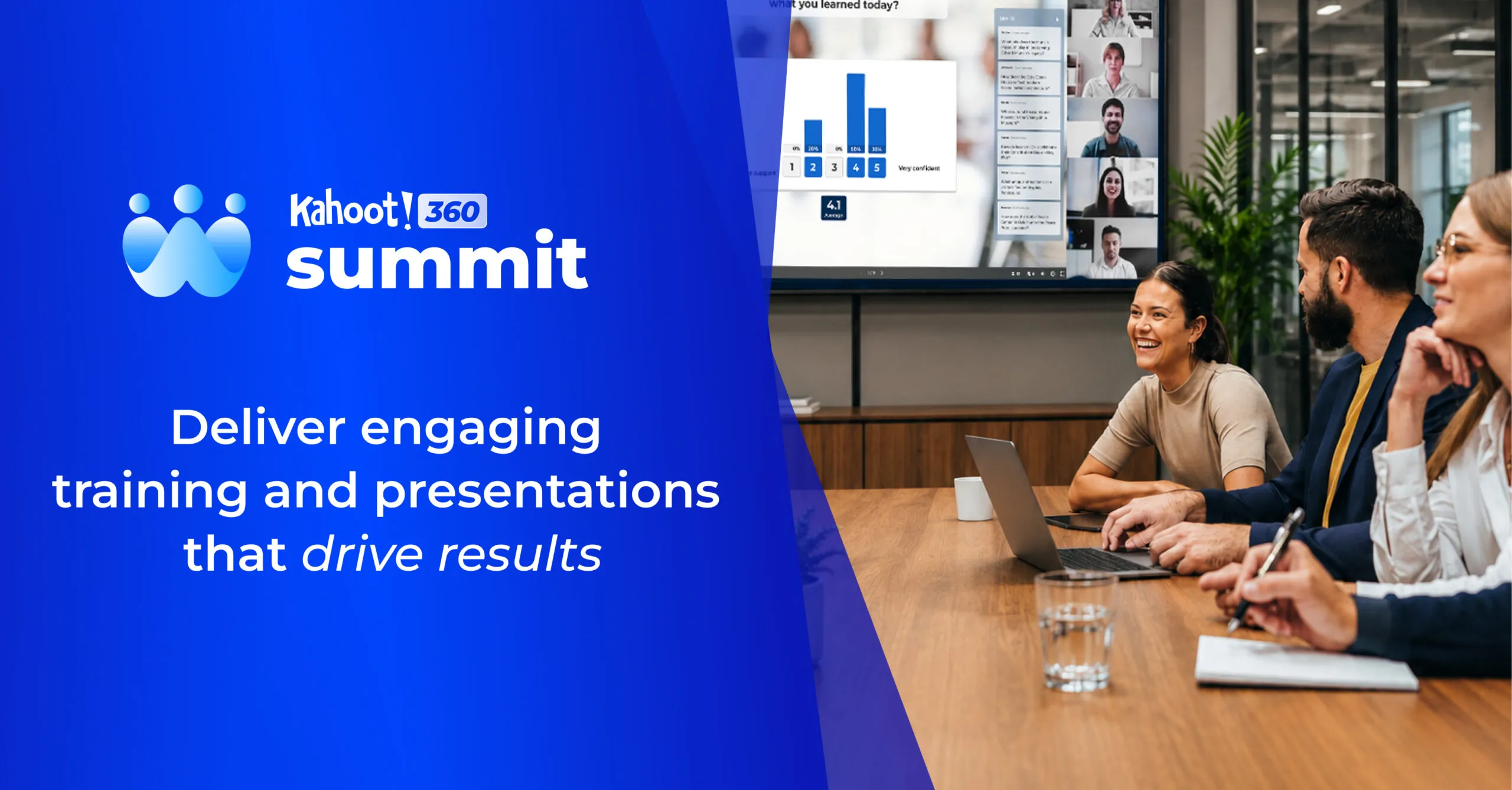 Kahoot! 360 Summit banner promoting engaging training and presentations, with professionals viewing quiz results on a screen during a meeting