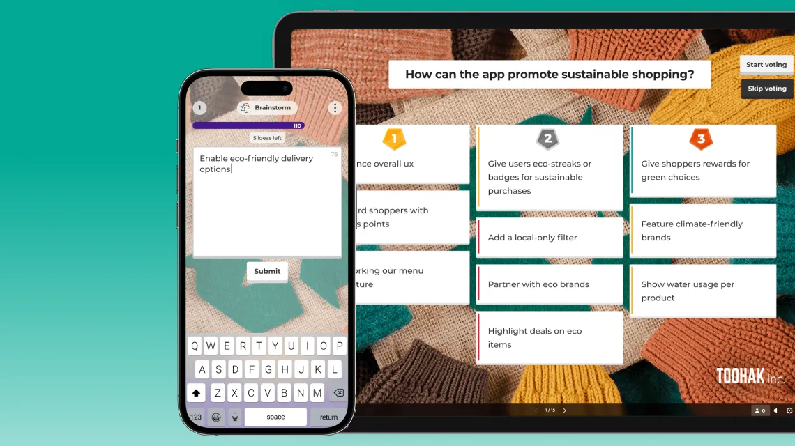 Kahoot brainstorm activity on phone and tablet showing team ideas on promoting sustainable shopping during a voting session