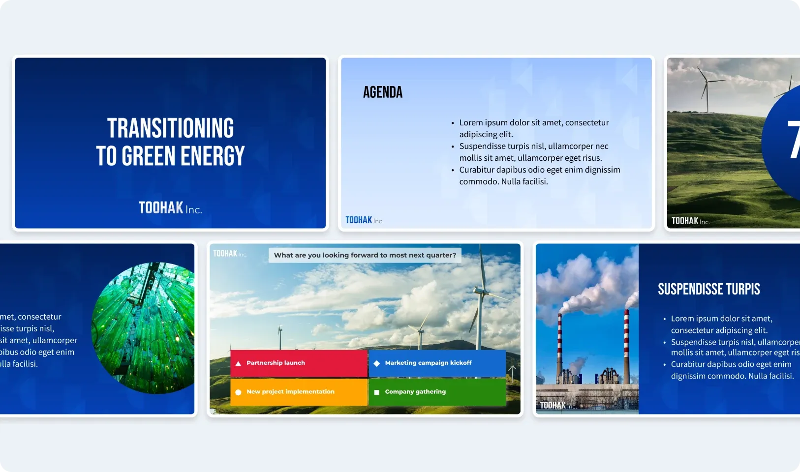 A set of keynote slides on transitioning to green energy, mixing title, agenda and content slides with an interactive poll.