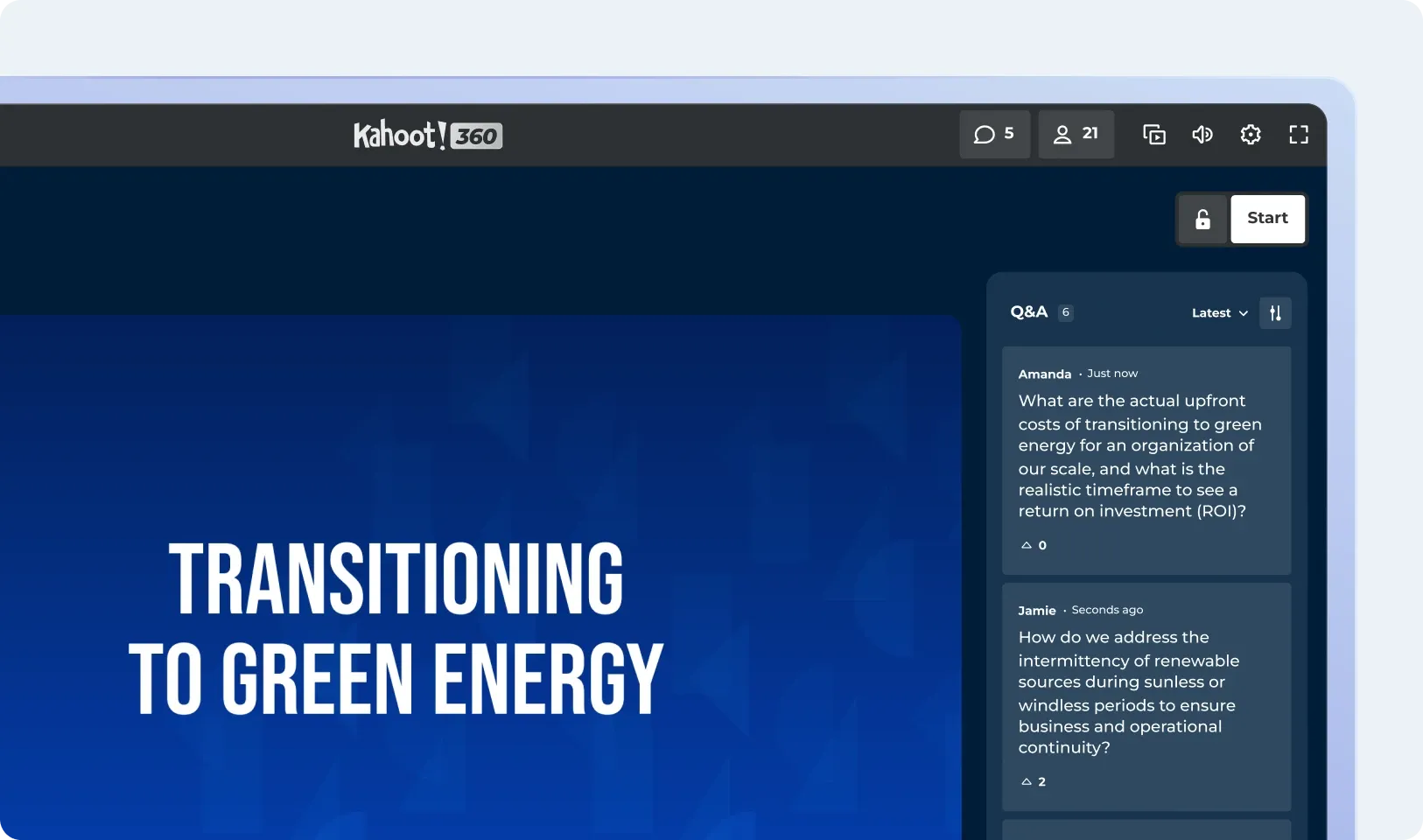 A Kahoot! 360 presentation with a live Q&A panel, where audience members submit and upvote questions about transitioning to green energy.