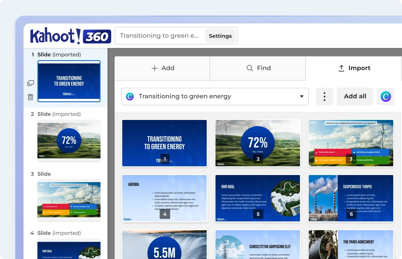 The Kahoot! 360 editor importing slides from a synced Canva presentation, with each slide ready to add to the kahoot.