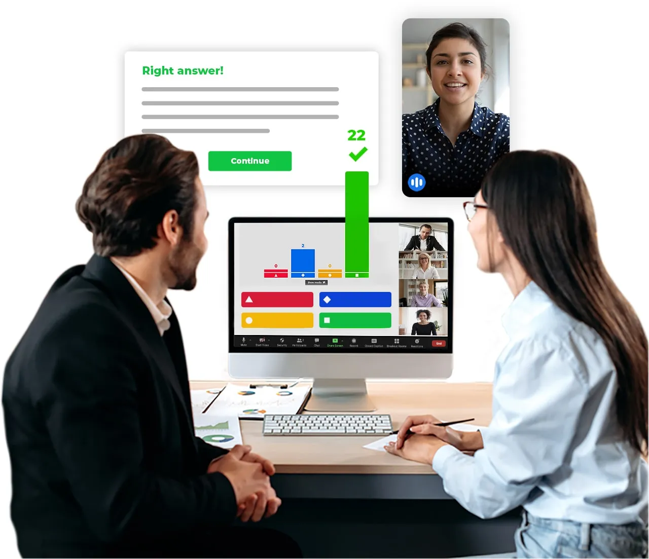 A man and woman at a desk participating in an interactive presentation video call with Kahoot!