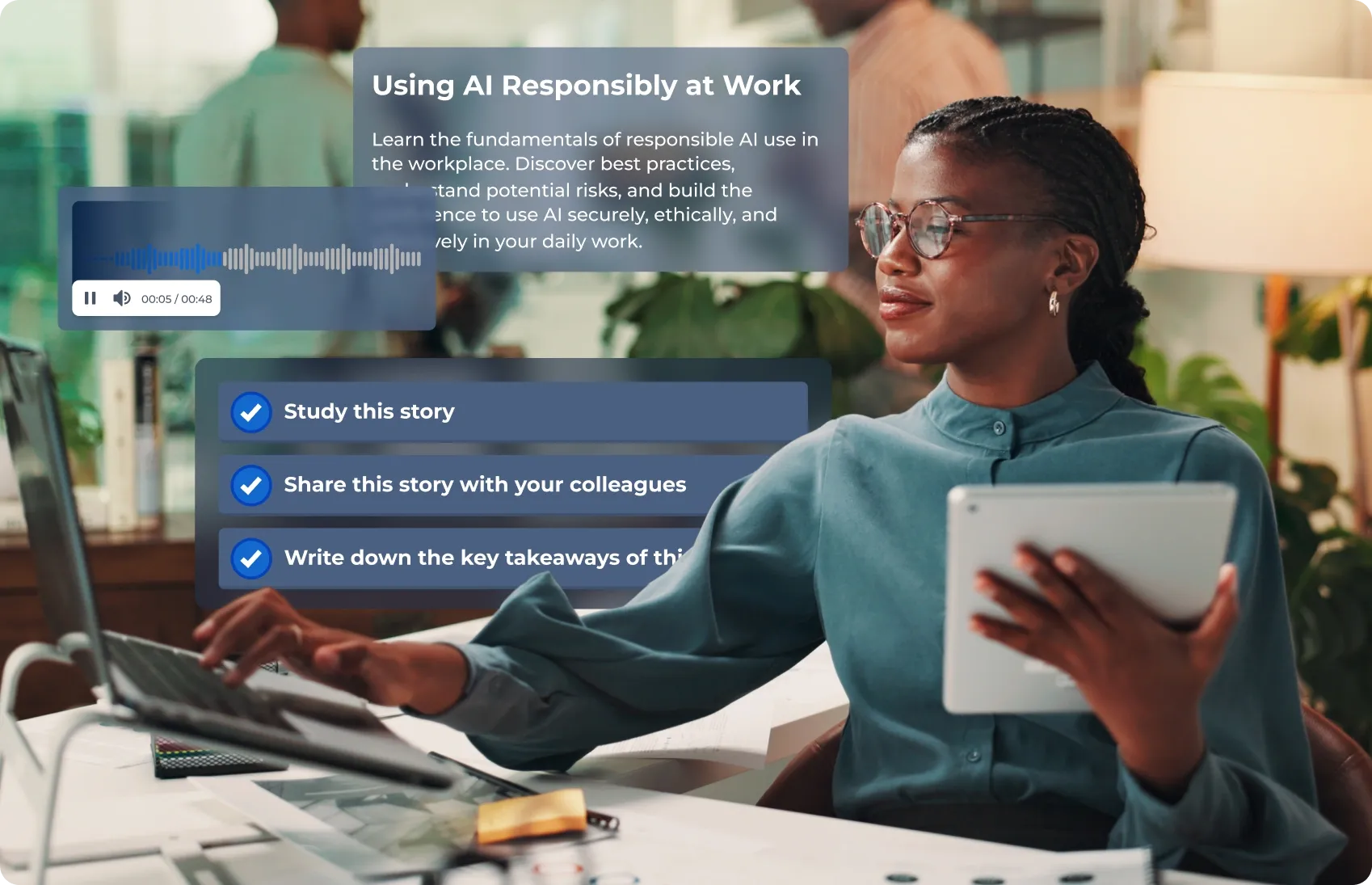 Woman with a tablet alongside a Kahoot microlearning card for "Using AI Responsibly at Work" with an audio player and completed task checklist