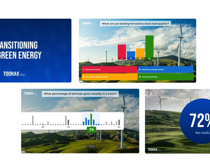 Four Toohak Inc. branded Kahoot slides showing a presentation title, a poll, a slider question, and a stat reveal