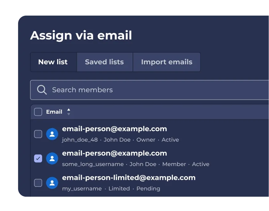 Kahoot "Assign via email" panel showing a searchable member list with checkboxes to select recipients