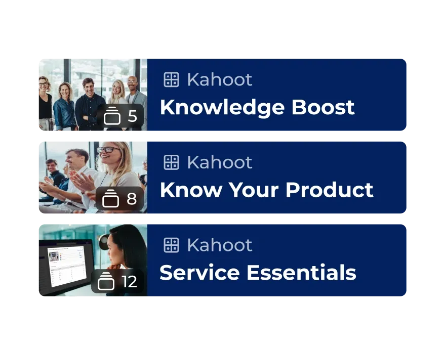 Three Kahoot content cards listing Knowledge Boost, Know Your Product, and Service Essentials