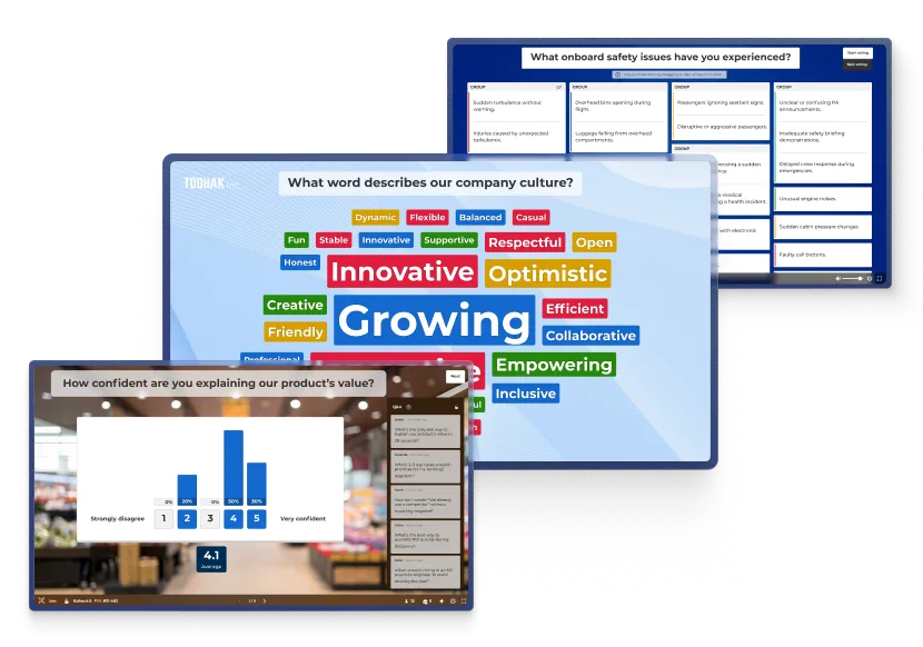 A large background screen displays a presentation slide for "TOOHAK Inc." titled "Key Financial Numbers". The slide features an image of a green landscape with wind turbines and provides three metrics in light blue boxes: "+12%" revenue growth (YoY), "4.7" Global customer satisfaction, and "71%" Customer Retention Rate. On the left of the background screen, a "Join" panel provides a QR code and a Game PIN (815 4). On the right, a "Q&A" sidebar shows questions from participants like Jamie, Amanda, and Sarah. A smartphone in the foreground overlays the bottom left, showing a participant's perspective where they are typing a question in an "Ask host" window.